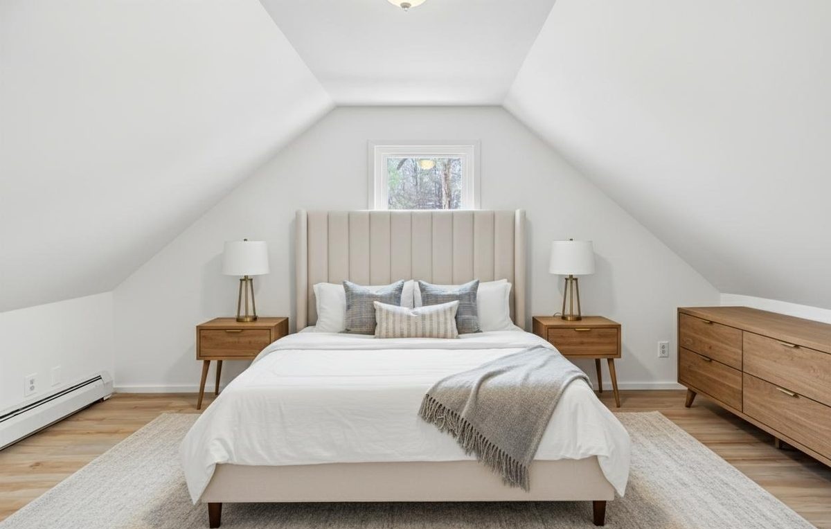 Upstairs bedroom staged with bed and nightstands