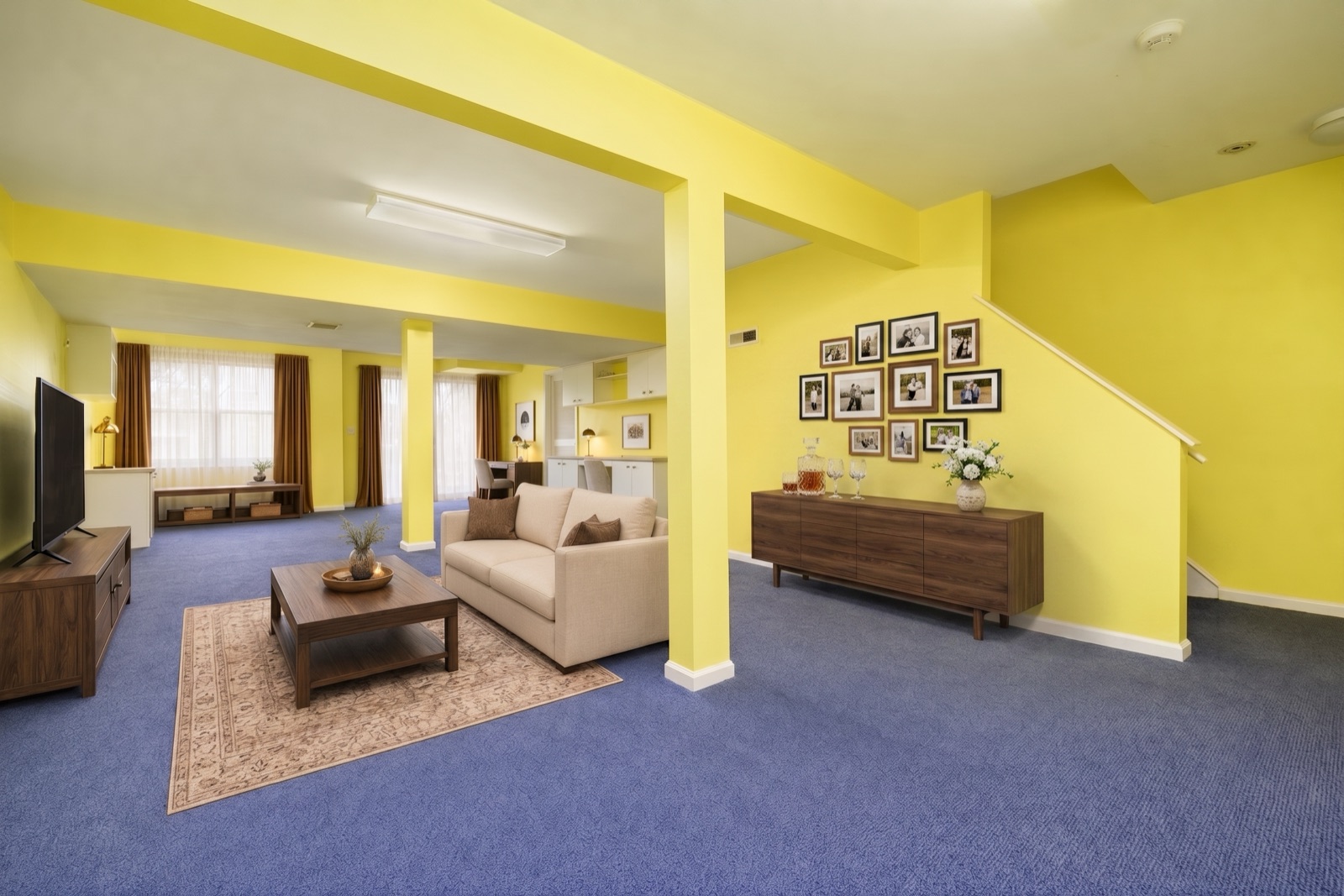 Norwalk CT basement rec room after virtual staging with sectional and desk