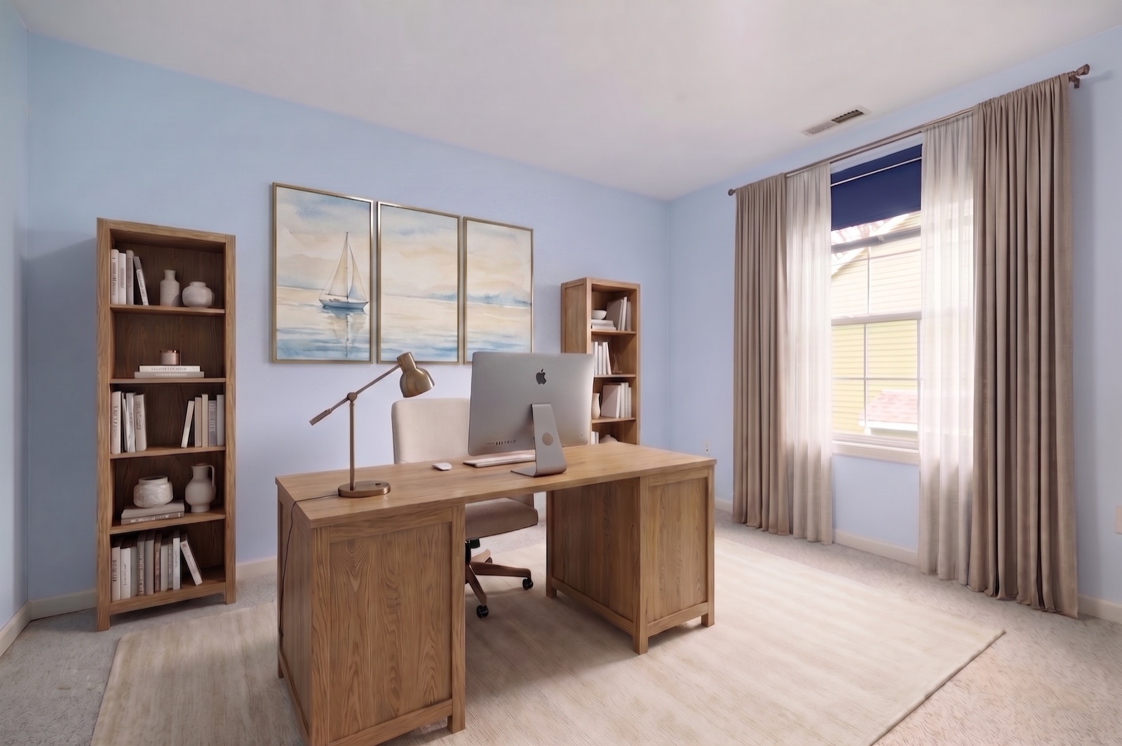 Norwalk CT home office after virtual staging with desk and bookshelf